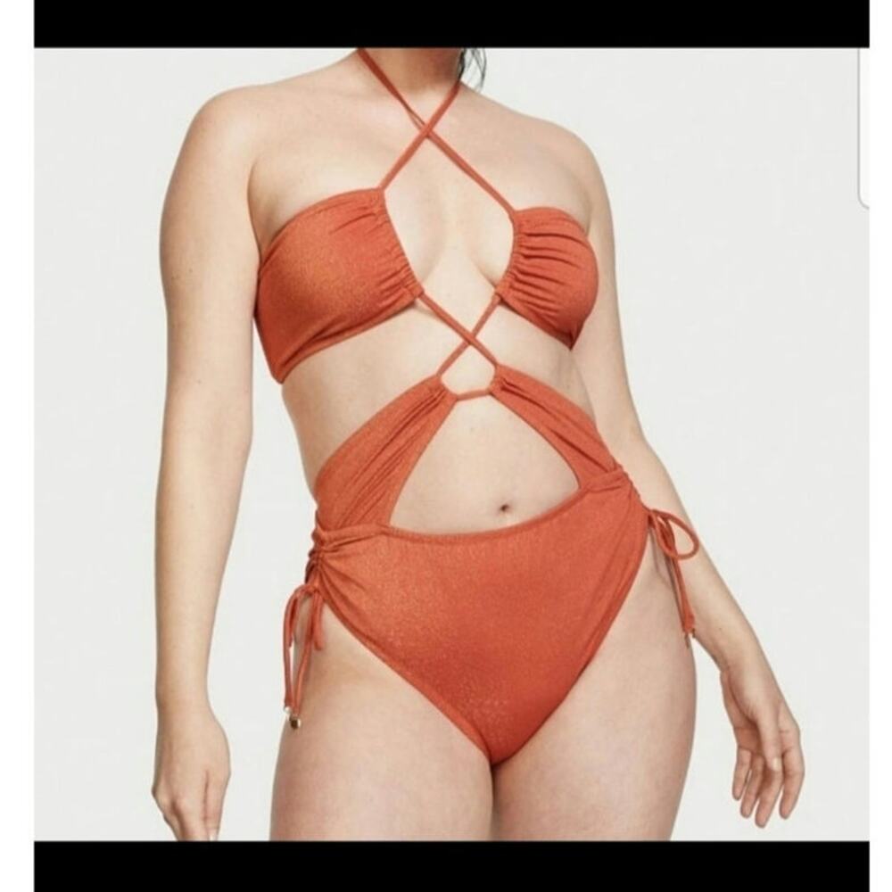 Victoria's Secret Orange Shimmer Cut Out One-Piece Swimsuit Size: L